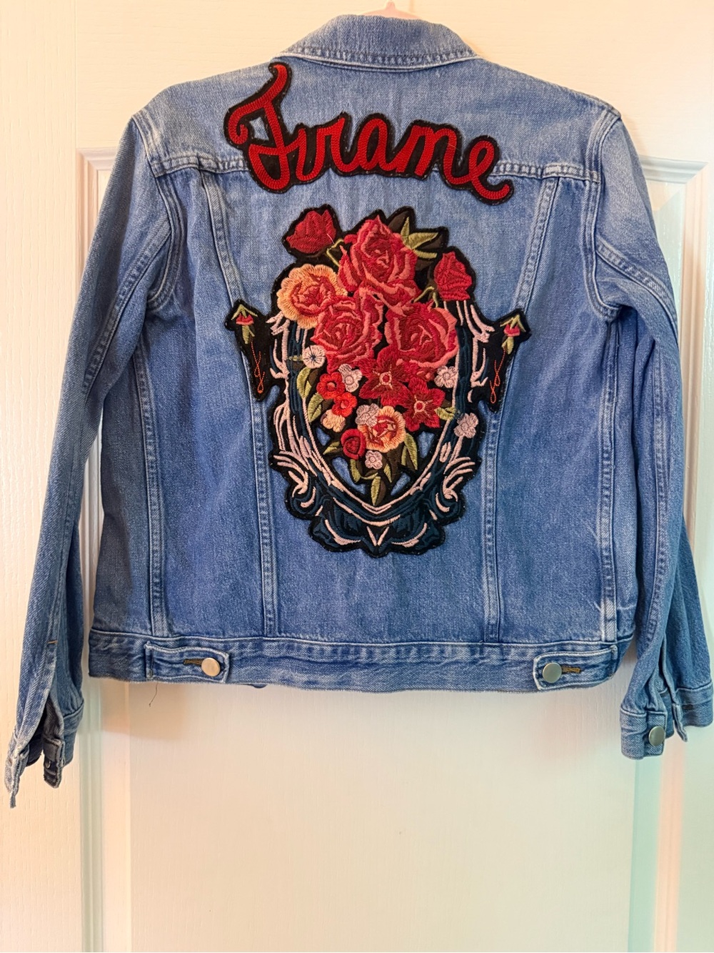 Frame Denim Light Blue Jean Jacket with Red Floral Patch Size Small